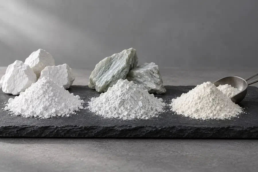Limestone and talc lumps with ground calcium carbonate and talc powders